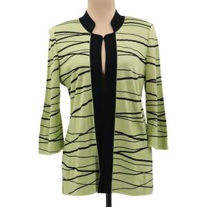 Ming‎ Wang Green Black Stripe Jacket Open Front Knit Artsy Travel Career Medium